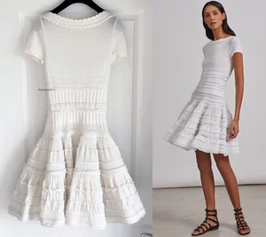 NEW $4040 Azzedine Alaia WHITE CRINOLINE CROCHET RUFFLED FIT & FLARE DRESS 38 6 - Picture 1 of 19