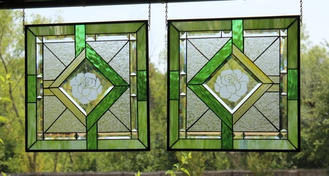 Pair of Stained glass Panels handmade In US 18 3/8x18 ½ (46.5x47cm) Cover