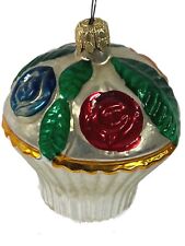 Vintage Hand Blown Glass Flower Basket with Roses Christmas Ornament Germany 3"