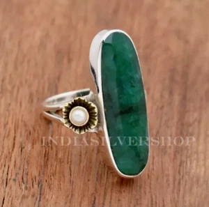 Anillo de plata esmeralda india y madreperla fiesta cóctel banda - Imagen 1 de 5