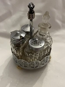 5 Piece Antique Victorian Silver Plate & Glass Condiment Cruet Set W/jeweled Top - Picture 1 of 18