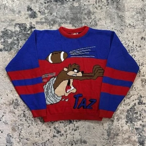 Vintage 1993 Looney Tunes Taz Football Sweater Youth Medium Knit Graphic 90s - Picture 1 of 5