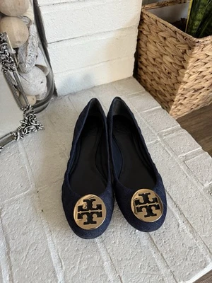 Tory Burch QUINN BALLET ПЛОСКАЯ СТЕГАНАЯ ДЖИНСОВАЯ ТКАНЬ/ЯЙЦО КОЖА/МЕТАЛЛ размер 11 - Изображение 1 из 4