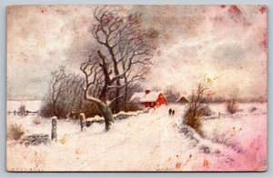 Postkarte Winter verschneite Landstraße 1909 mit rotem Haus - Bild 1 von 2