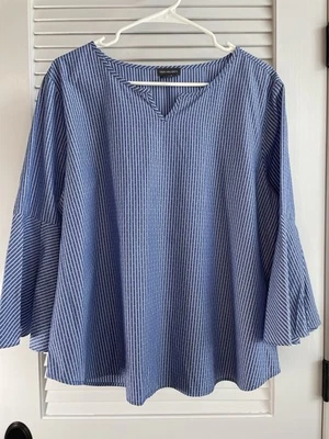 Van Heusen синий белый Bell рукав в полоску хлопковая смесь крестьянская рубашка женщин XL - Изображение 1 из 4