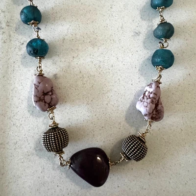 Handmade Necklace 18 Inch NEW Sterling Silver Turquoise Powder Glass Ruby Gemsto - Image 1 of 3