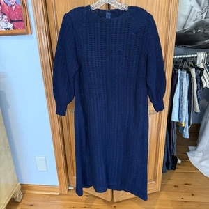 Vintage Handmade Long Sleeve Crochet Knit Navy Blue Maxi Dress with Slip - Picture 1 of 10