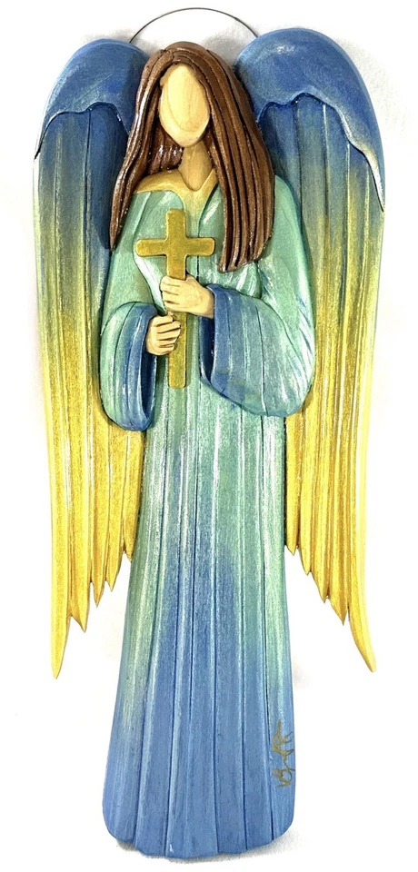 Bill Jeralds Madera Tallada a Mano Ángel Colgante de Pared Cruz de Fe 14” Angeldust Studi Foto 1 de 4