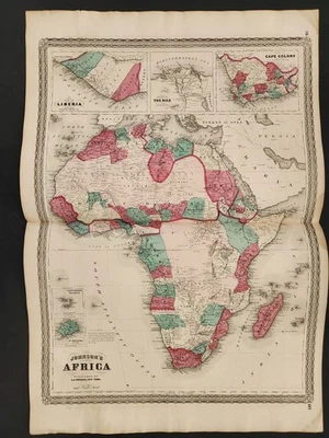 Mapa antiguo continente ÁFRICA 1864 coloreado a mano JOHNSON'S del atlas 26,5 x 18 Foto 1 de 2