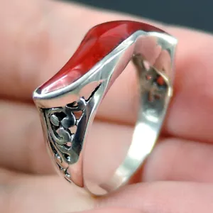 Gioielli con anello in argento sterling 925 con corallo rosso naturale, misur... - Foto 1 di 5