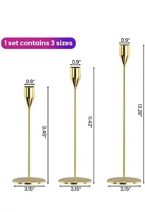 Set of 3 Classic Metallic Gold Candle Holder Set Metal 9" to 13" - Picture 1 of 6