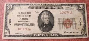 1929 NATIONAL 20 DOLLAR ATHOL MASSACHUSETTS MILLERS RIVER NATIONAL BANK - Picture 1 of 8