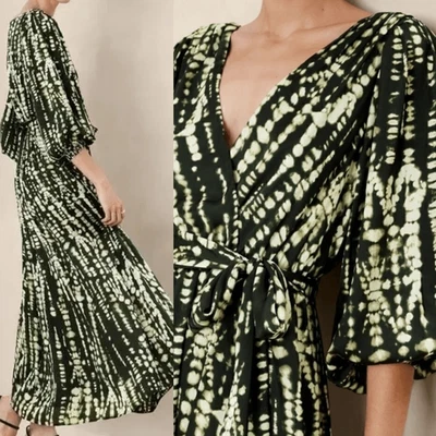 NWT Banana Republic Black & Green Tie Dye Polyester V-Neck Maxi Dress Size XS - Image 1 of 4
