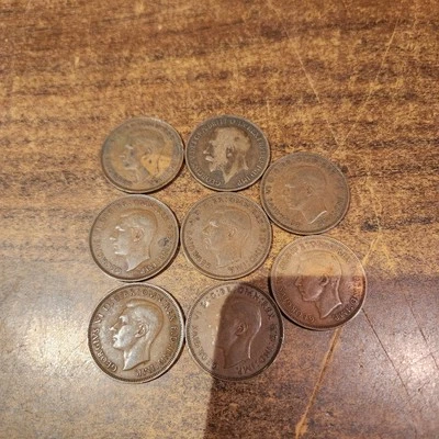 Lote de 8 moedas de um centavo do Reino Unido faixa de anos 1917–1948 - Imagem 1 de 4