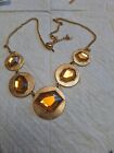 GORGEOUS 5 FACETED AMBER TONE SETS MOUNTED ON ETCHED DISCS/NECKLACE/ERIC LYONS/