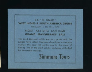 Tarjeta de premio SS De Grasse Grand Masquerade Ball 1949 - CGT French Line - Imagen 1 de 1