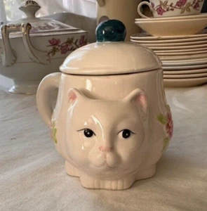 Teetasse Becher Katze Kätzchen befestigt Teebeutel Halter Rosa Weiß Keramik 8 Unzen MIT DECKEL - Bild 1 von 13