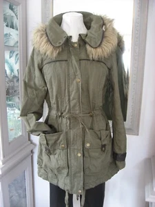 Cosy Classic Army Parka UK 10 Khaki Teddy Lined BIG Hood Faux Fur & Leather Trim - Picture 1 of 12