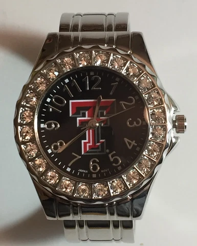 New Texas Tech Red Raiders Ladies Bangle Cuff Watch,Metal,Crystal,Free Battery Cover