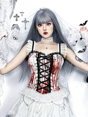 Camisas góticas oscuras de Halloween para mujeres Sexy Cyber Punk Rojo Sangre Estampadas Prendas para el torso de encaje Foto 1 de 4