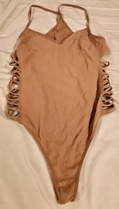 Bebe Bodysuit Tan Open Sides M/L - Picture 1 of 6