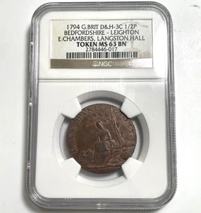 1794 NGC MS63BN Halfpenny Token Lace Manufactory Leighton Berkhamsted Or London - Picture 1 of 6