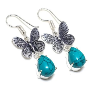 Blue Turquoise Gemstone Handmade 925 Sterling Silver Jewelry Earring Size 1.9'' - Picture 1 of 1