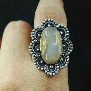 Proposal Women's Ring Natural Moss Agate Oval Gemstone 925 Sterling Silver - Picture 1 of 5
