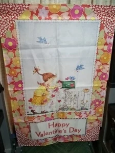 Vtg Happy Valentine's Flag 38 x 25, Spring, Flowers, Birds, Little Girl, Mailbox - Picture 1 of 4