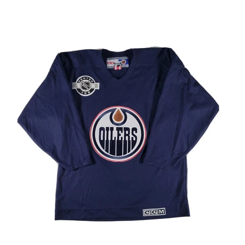 Vintage Edmonton Oilers CCM NHL Hockey Men Medium Navy Blue Maska AirKnit Jersey Cover