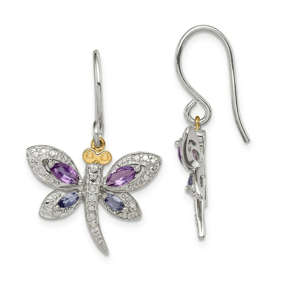 Sterling Silver & 14k Amethyst and IOLITE and Diamond Dragonfly Earrings Qe6072