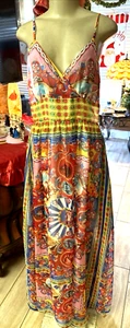 CARRETTO PRINT Pure Silk Colorful V-Neck Maxi Dress Spaghetti Straps SzM 6b - Picture 1 of 13