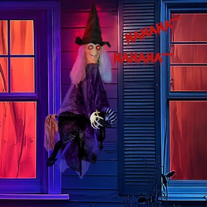 3FT Halloween Hanging Outdoor Decoration Light-Up Eyes Talking Witch with Broom - Picture 1 of 8