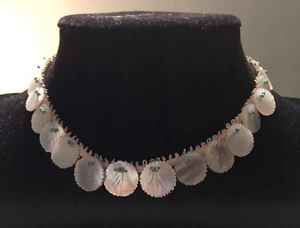 ANTIQUE MOTHER OF PEARL ON BRAID WITH TURQUOISE BEADS 14" SMALL CHOKER - Picture 1 of 11