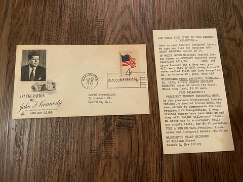 JOHN F. KENNEDY, Presidential Inauguration Day 1961, January 20 1961 Stamp Cover Cover