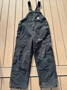 Vintage Carhartt R01 BLK Black Duck Double Knee Bib Overalls 44x30 DISTRESSED - Picture 1 of 11