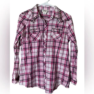 Ariat Plaid Snap Front Long Sleeve Studded Top Size L Western Cowgirl Equestrian - Picture 1 of 8