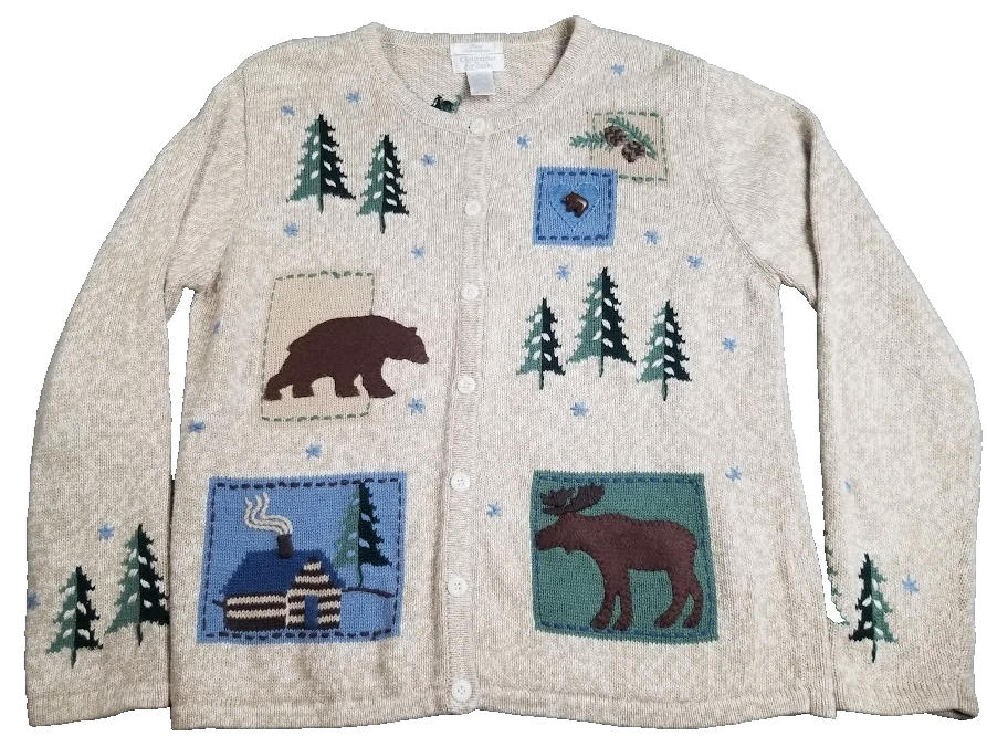 Christopher & Banks Cárdigan Suéter M Bordado a Mano Botón Alce Cabina Oso Foto 1 de 4