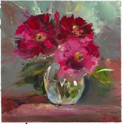 original painting 30 x 30 cm 74BM artwork oil paints impasto painting flowers - Image 1 of 3