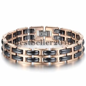 Charm Rose Gold Tone Stainless Steel Link Black Ceramic Women Men Bracelet 7.7" - Picture 1 of 6