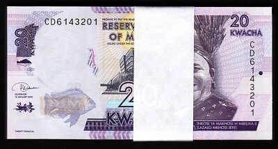 Malawi 20 Kwacha 2020, UNC, BUNDLE, Pack of 100 PCS, Consecutive, P-New Sign - Image 1 of 4