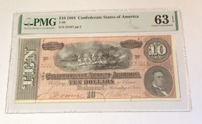 T 68 1864 $10 Ten Dollar CSA Confederate Note PMG 63 EPQ Civil War Note - Image 1 of 2