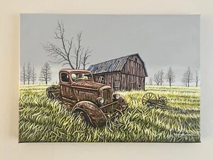 Original Acrylic Painting on stretched canvas of rusted classic car and old barn - Picture 1 of 4
