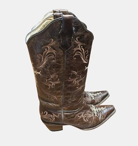 Botas occidentales Circle G Corral Cross de cuero bordado marrón punta corta 9 M L5039 - Imagen 1 de 10