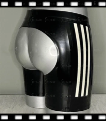 Latex Mens Shorts Boxers Crotch Open Side 3 Striped Deco Customize 0.4mm E96 - Image 1 of 4