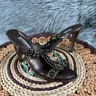 Manolo Blahnik Sz 38 / 7 Brown Leather Jeweled Slip On Open Back Stiletto Heels