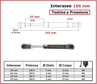 PISTONE a GAS Interasse 155 mm Fissaggio Testine a Pressione - 1 Pezzo - Immagine 1 di 3