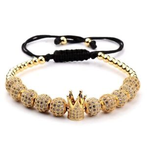 Luxury Men Crown 18K Gold Stainless Steel Beads Braided Cuff Bracelets Bangle