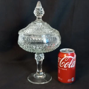 Indiana Glass Diamond Point Clear Glass Pedestal Compote Candy Dish w Lid AS IS - Picture 1 of 8