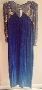 Impresionante Vestido de Colección Lawrence Kazar con Cuentas de Seda Oro Azul Talla XL - Imagen 1 de 10